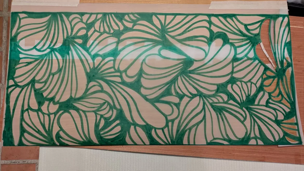 Dessin préparatoire vert du motif végétal destiné à la façade du bureau cylindre